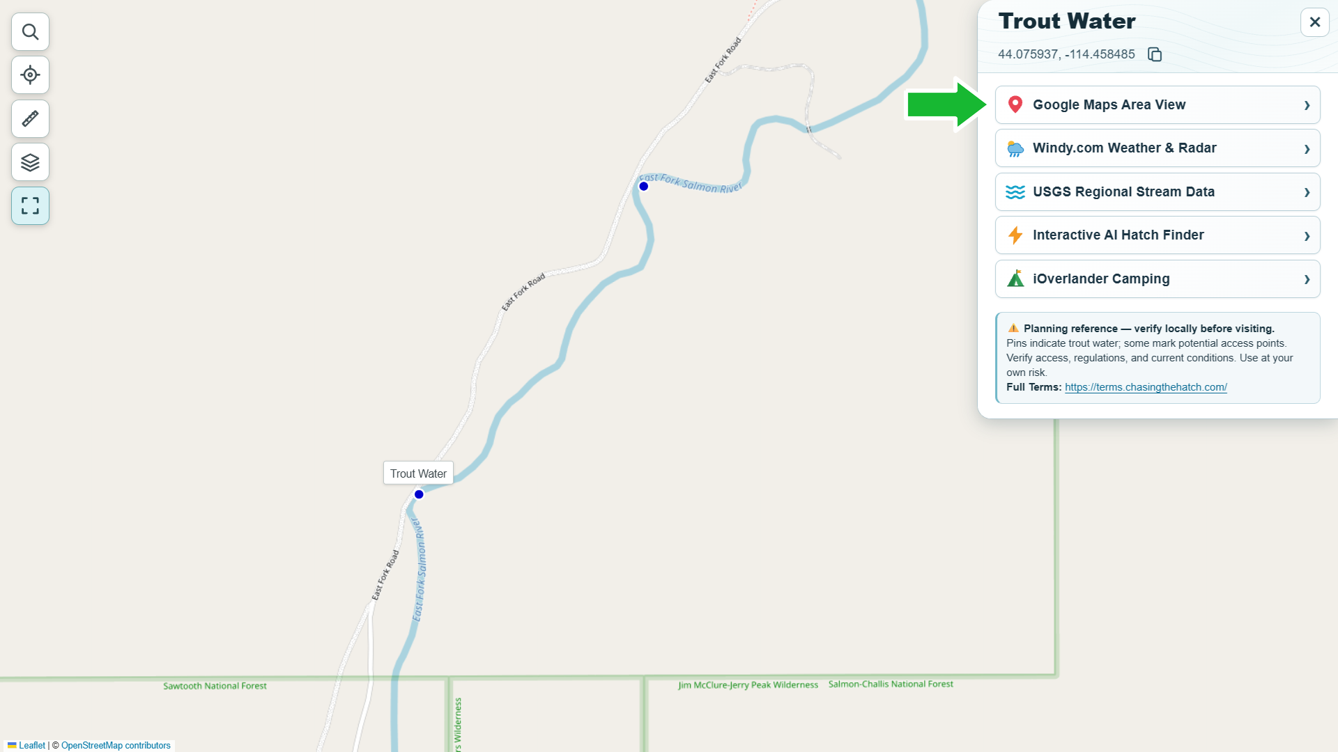 The Google Maps Area View link in a trout-water pop-up (green arrow).