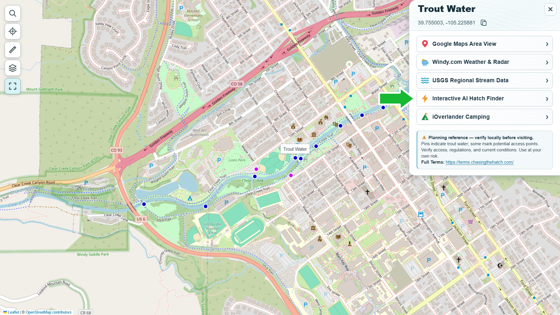 Select Interactive AI Hatch Finder in the chosen water’s pop-up (green arrow).