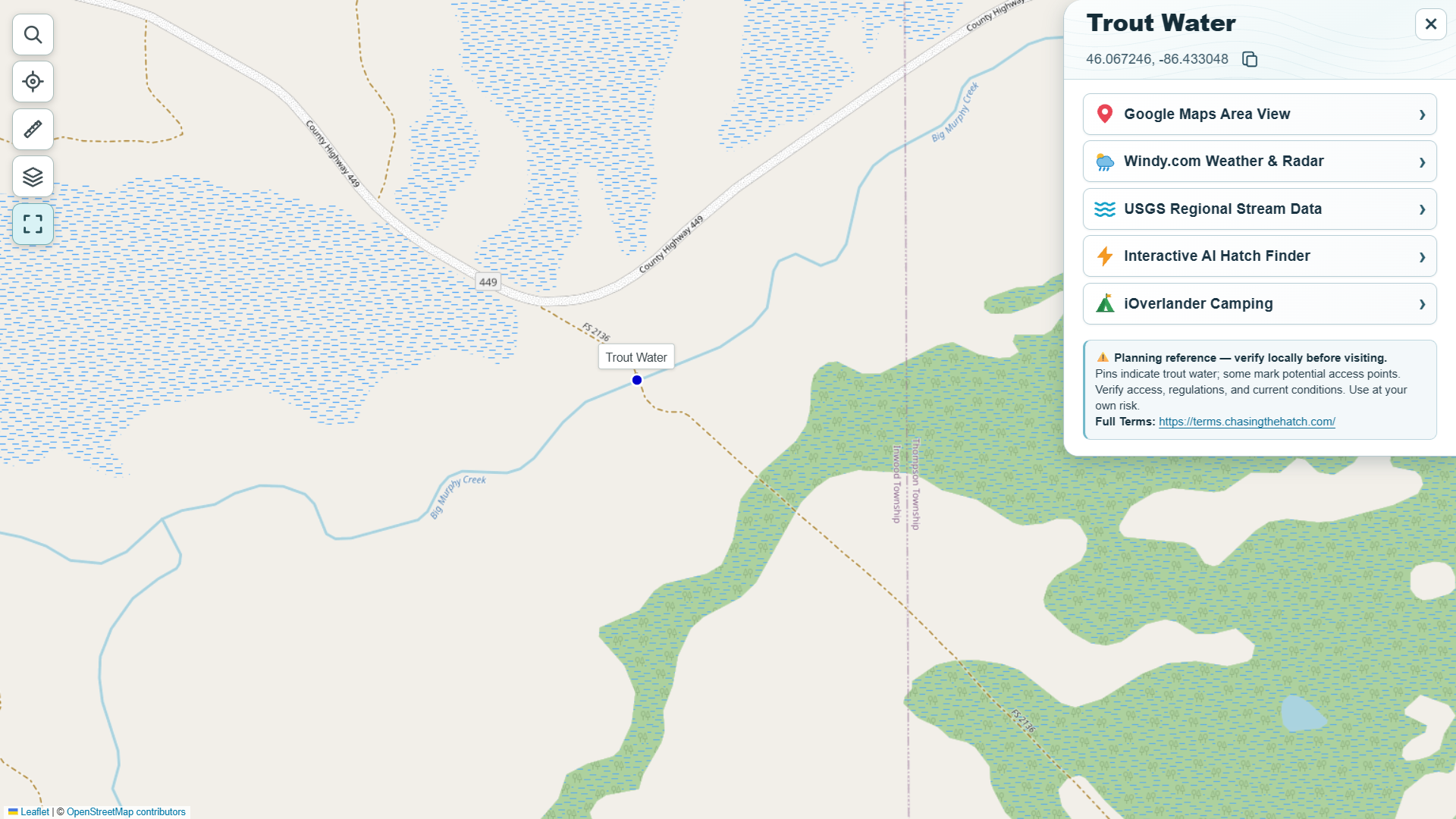 Unnamed trout-water point with planning pop-up, labels, and surrounding land features.