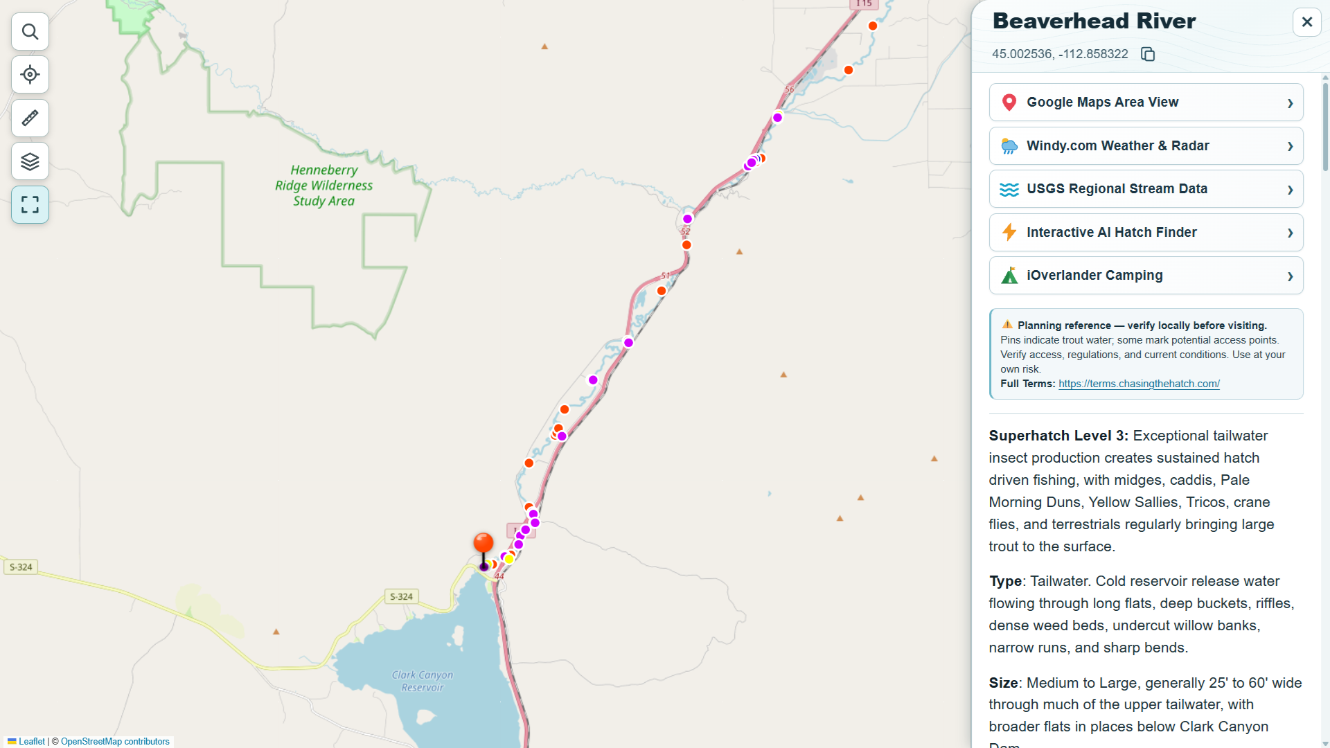 Example: Beaverhead River pop-up showing the available planning links and trout-water details.