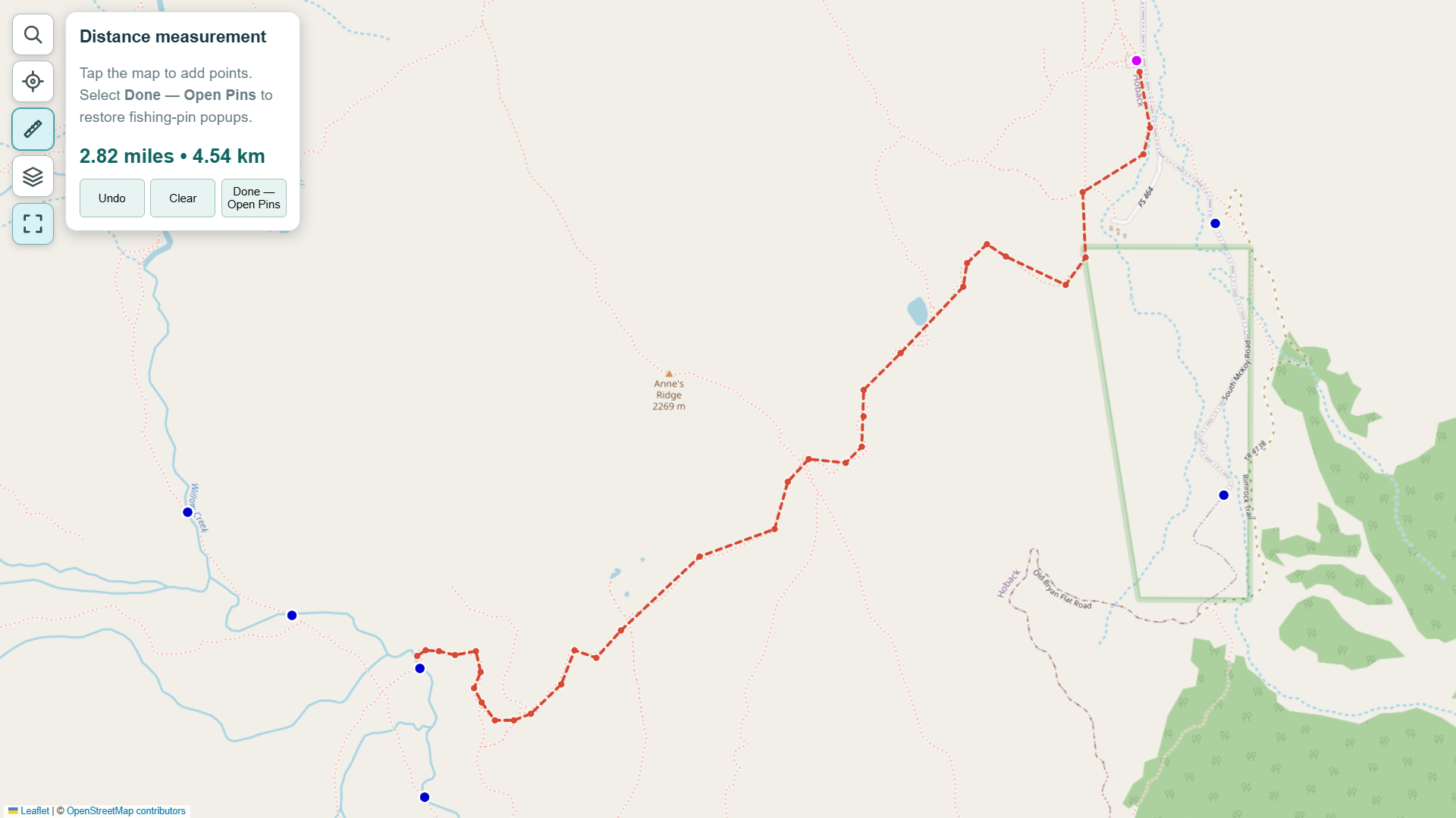 The ruler tool, shown with an example route and measured distance.
