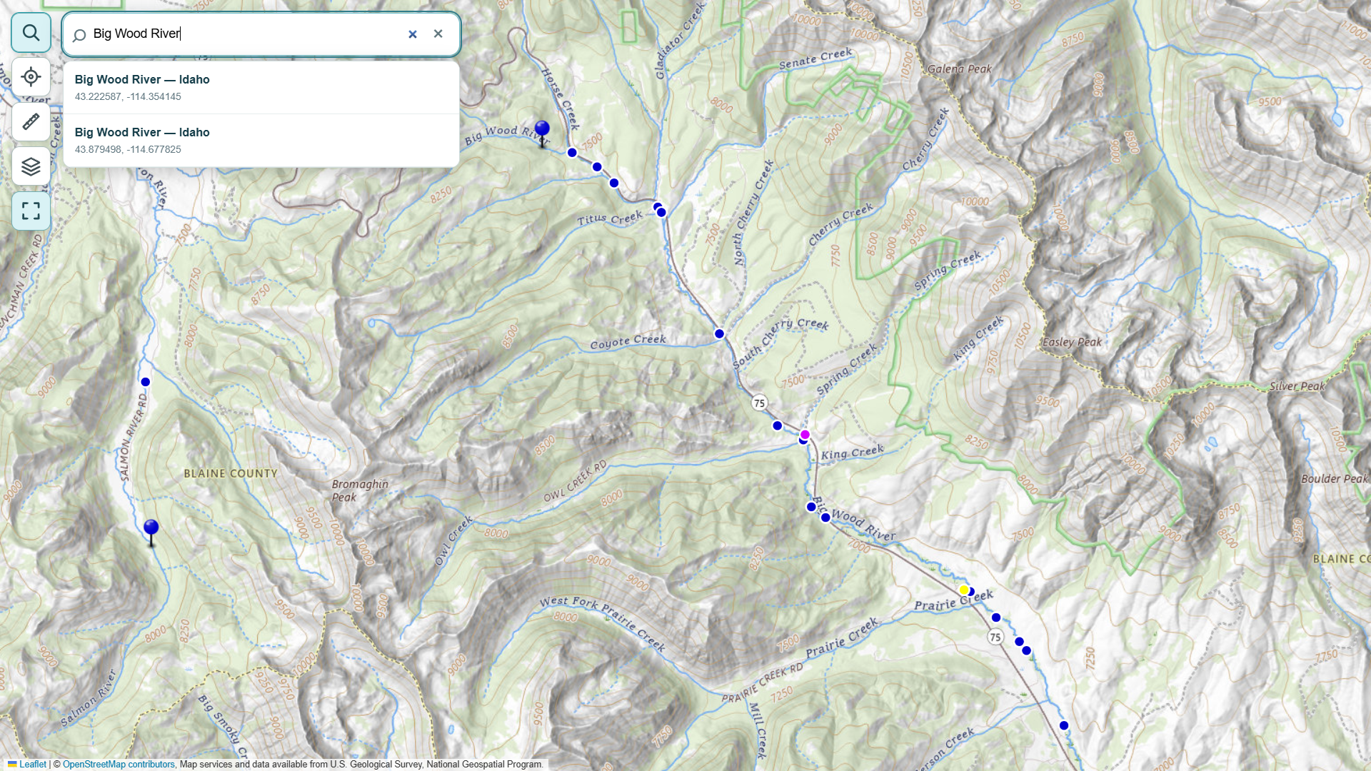 Search results for Big Wood River, Idaho, shown with USGS topographic layer.